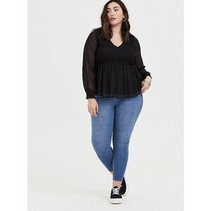 Torrid Women's Black Chiffon Smocked Button Babydoll Blouse Top Size 0